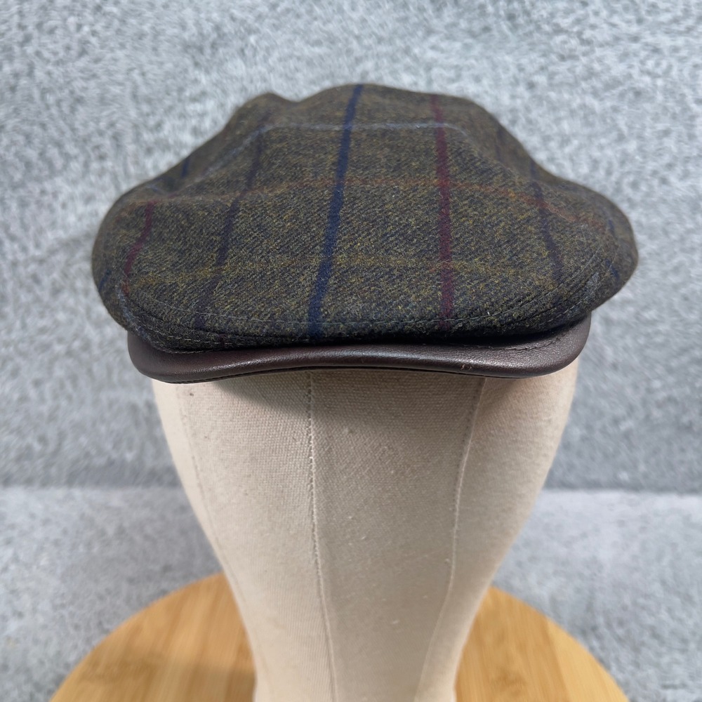 Flechet Paris Mens Wool Cashmere Flat Cap Olive Green Plaid Ivy Hat Leather Trim